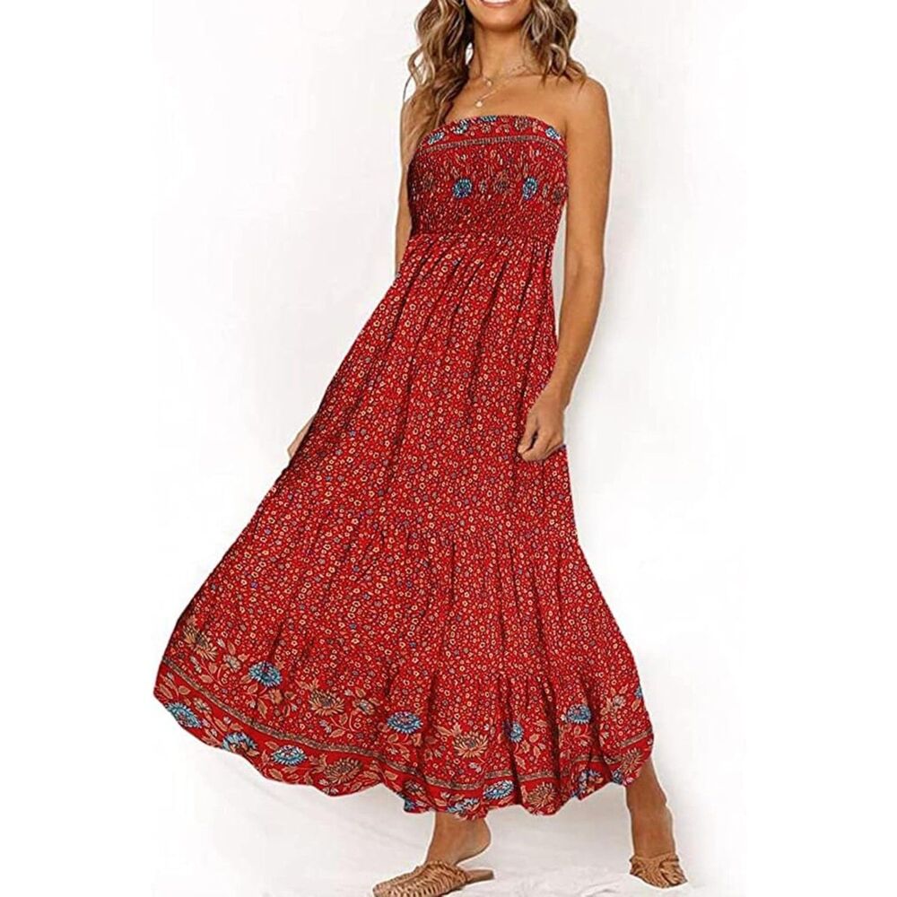 NEW NWOT Bright Red Ditsy Floral Sz XL Casual Wear Strapless Tiered Midi Dress